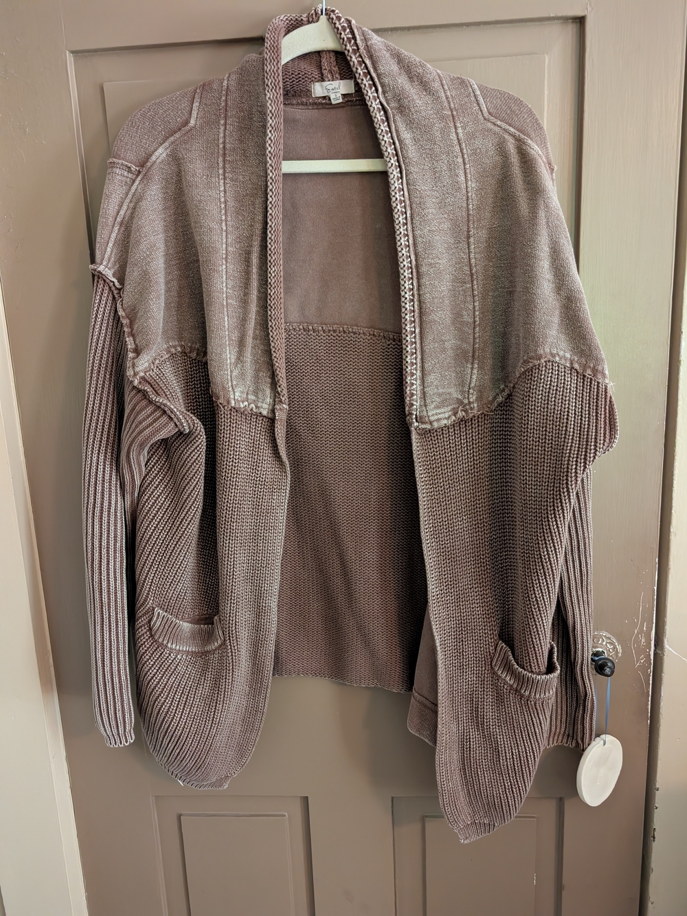 Easel Brown Mixed Material Knit Open-Front Cardigan Sweater - Size Small